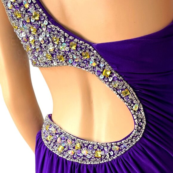 Evenings by Allure One-Shoulder Purple Evening Gown w/ Beaded  Side Back Cutout - Picture 10 of 12